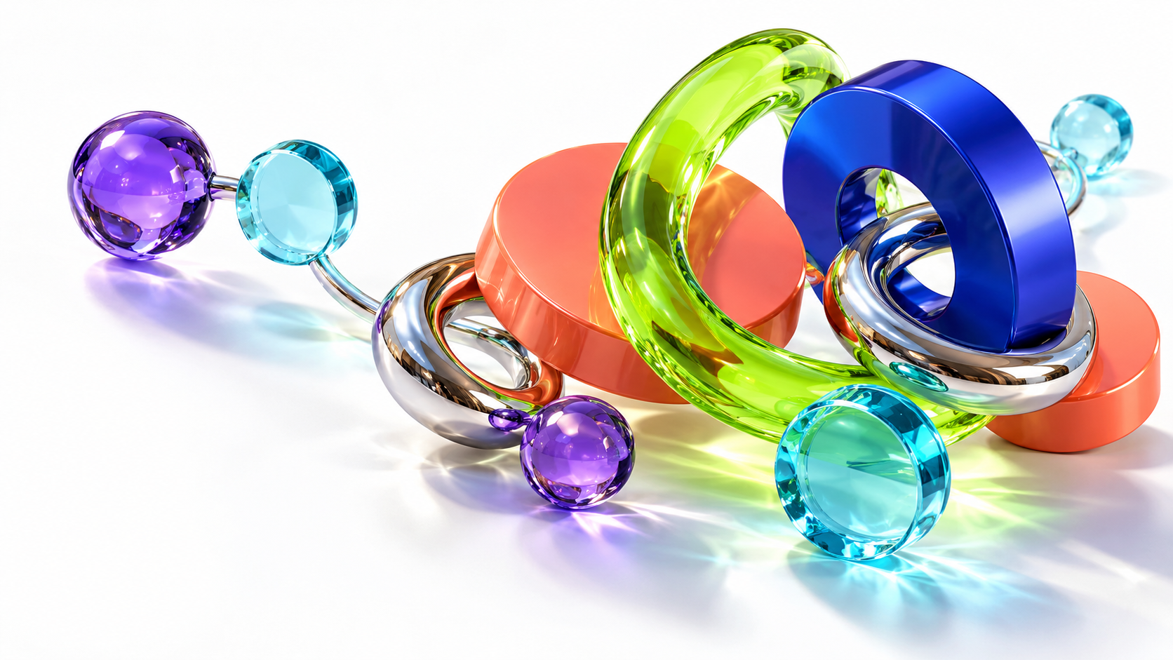 Glass and chrome token sculptures connected by colorful rings on a bright white surface